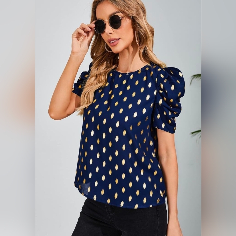 SHEIN Navy Blue Blouse with Gold Accents